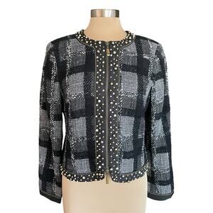 Spanner Tweed Windowpane Check Blazer Pearl Chain Embellished Size 8 Wool Blend